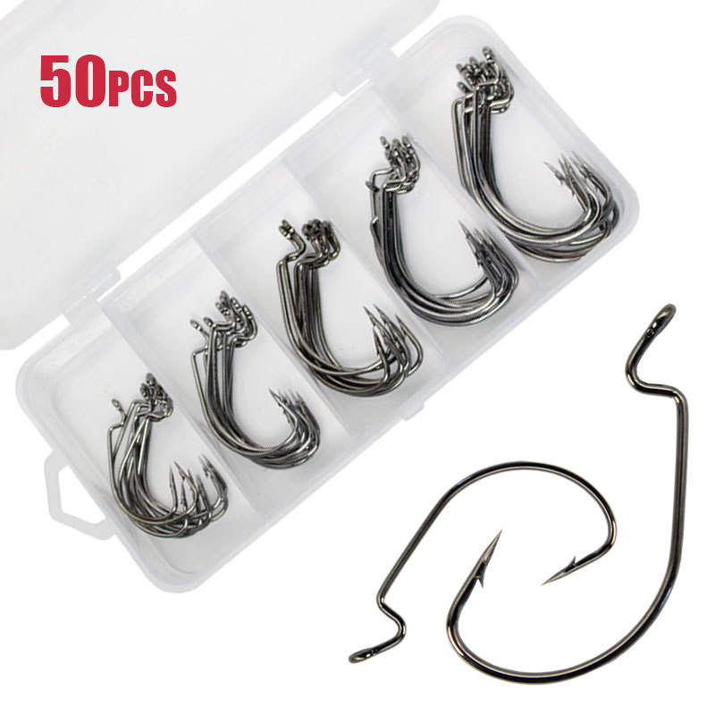 Fishing Hook Offset - 50 قطعة هوك دودة واسعة الكربون